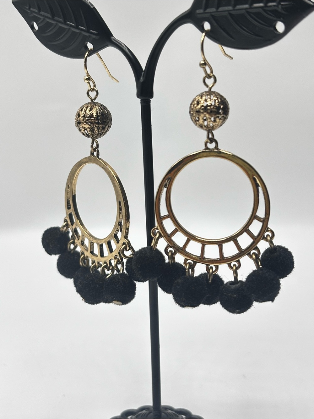 Gold Tone Black Bead Pom Pom Dangle Drop Earrings Boho
